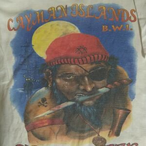 Vintage 90s Cayman Islands B.W.I. Pirates Week Illustration T-Shirt